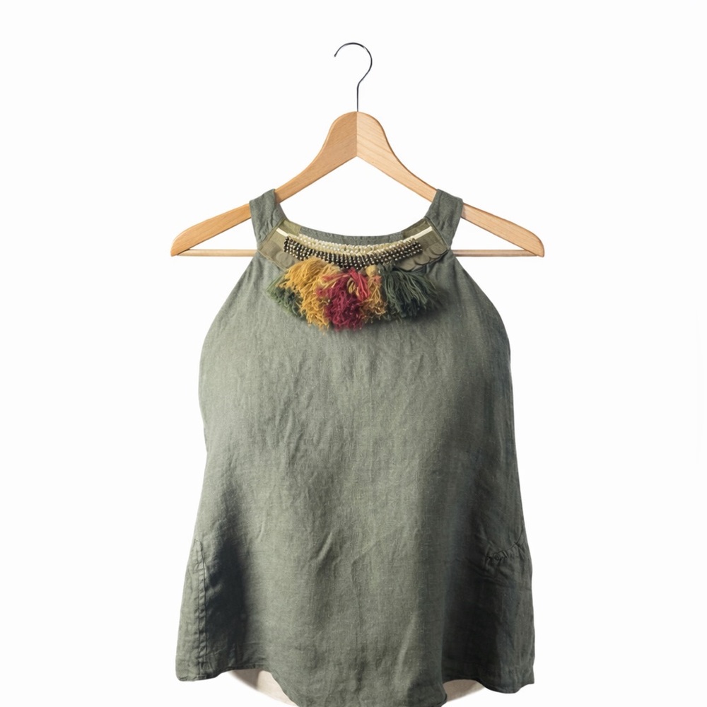 Zara Olive Green Linen Tank Top Embellished Tassel Boho Summer XS Chic